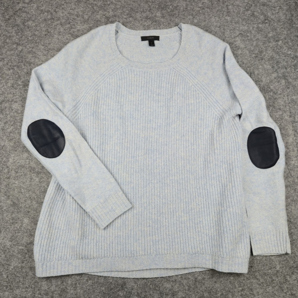 J Crew Wool Sweater Men's Small Light Blue Leather Elbow Patches Ribbed Knit GPA